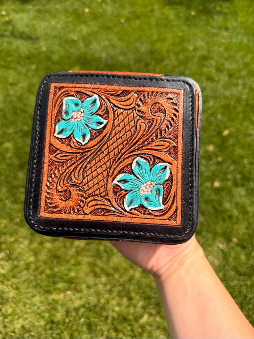 Tooled Hand-painted Leather Zip Jewlery Box